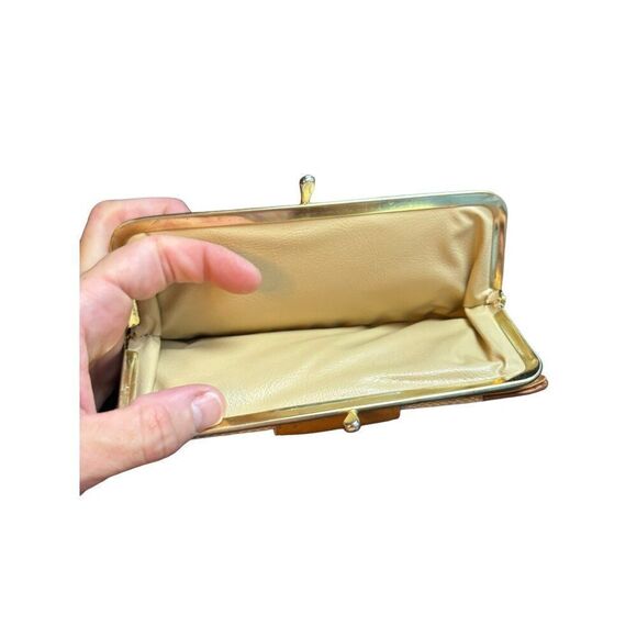 Vintage Brown Leather & Canvas  burlap Clutch Wallet With Snap Closure - Picture 4 of 12